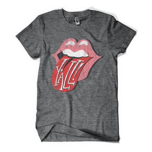 Gray T-shirt with lips design, "Y'ALL" text on the tongue.