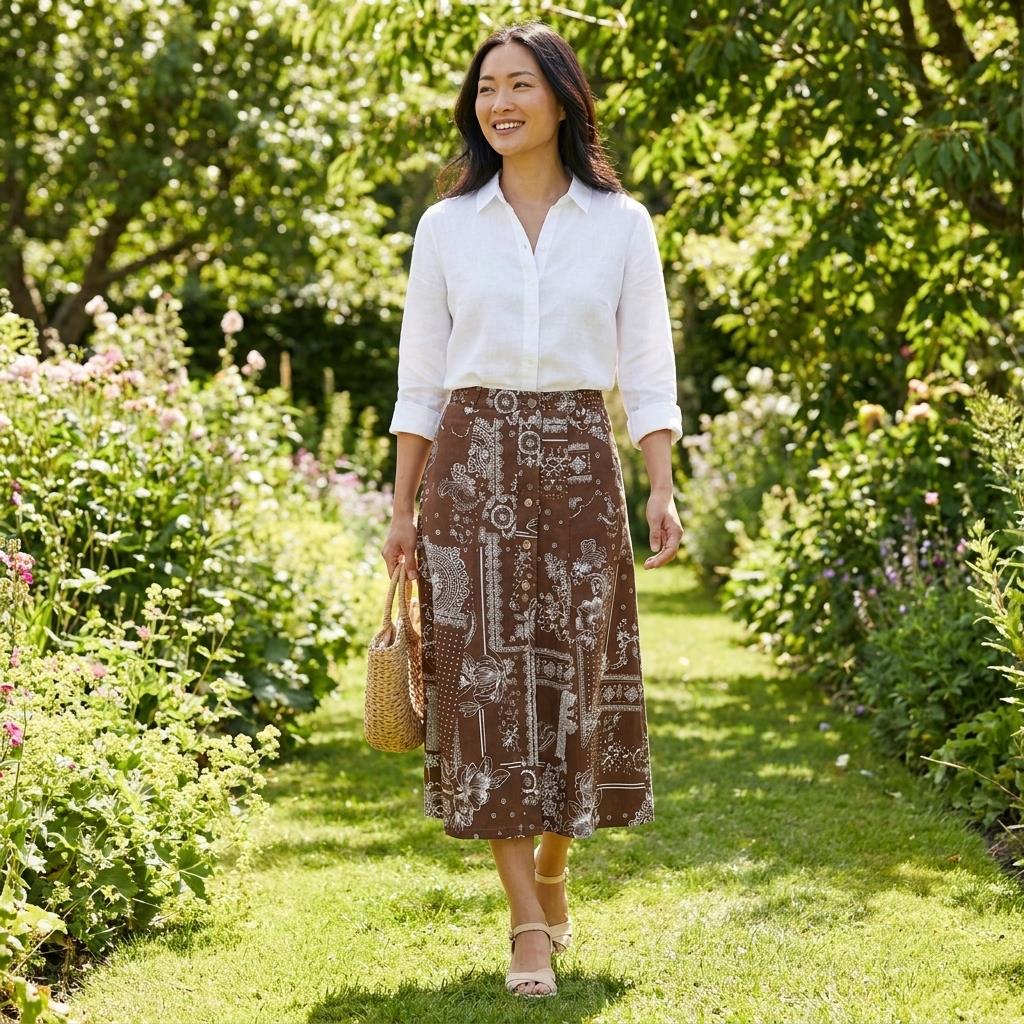 Brown patterned skirt, mid-length with floral designs, paired with heeled sandals.