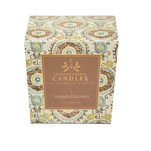 Patterned box with "Island Coconut" candle inside.