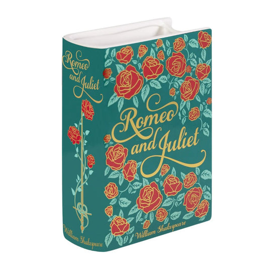Book-shaped vase with "Romeo and Juliet" cover design and roses.