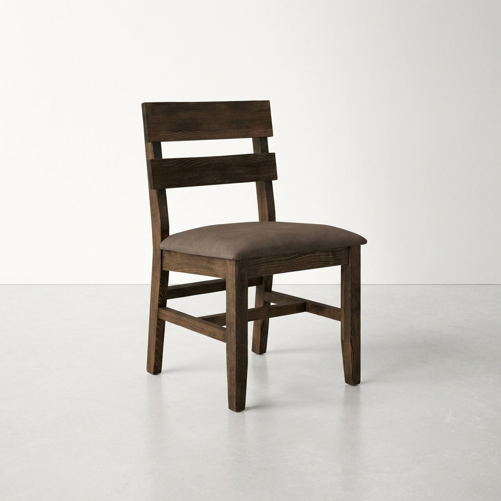 Side view of a wooden chair with a cushioned seat.