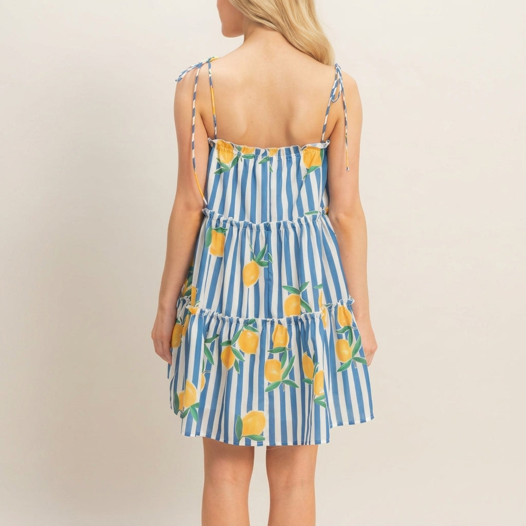 Striped lemon-print dress with tie straps, back view.