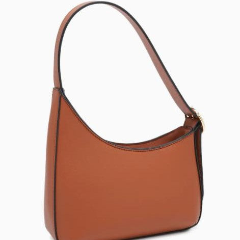 Brown leather handbag with a curved, minimalistic design and a single strap.