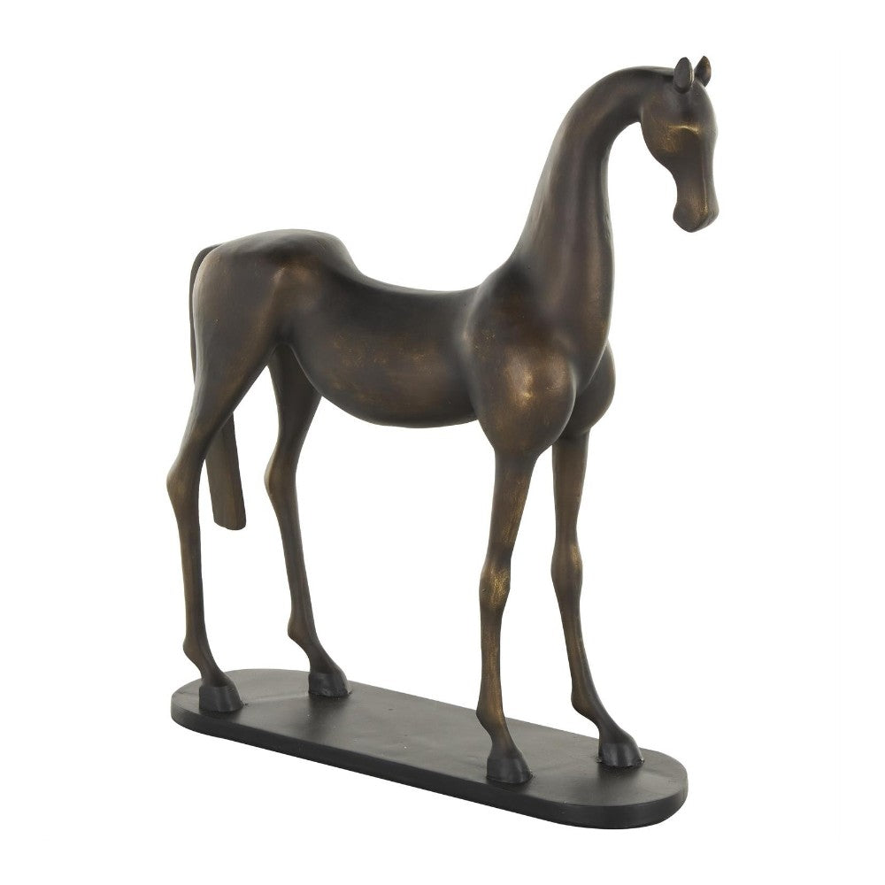 Bronze horse sculpture on oval base, minimalist design.