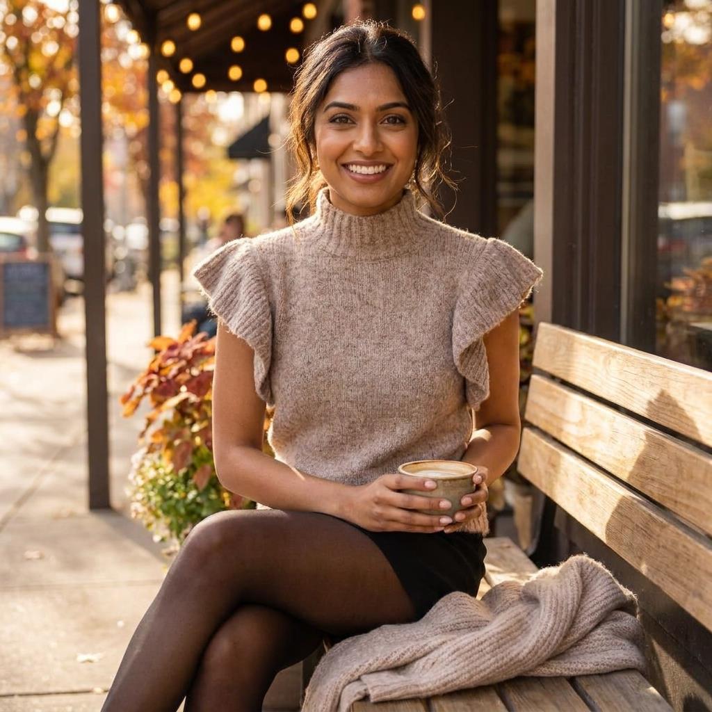 Woman smiling, sitting on a bench with coffee; autumn setting.