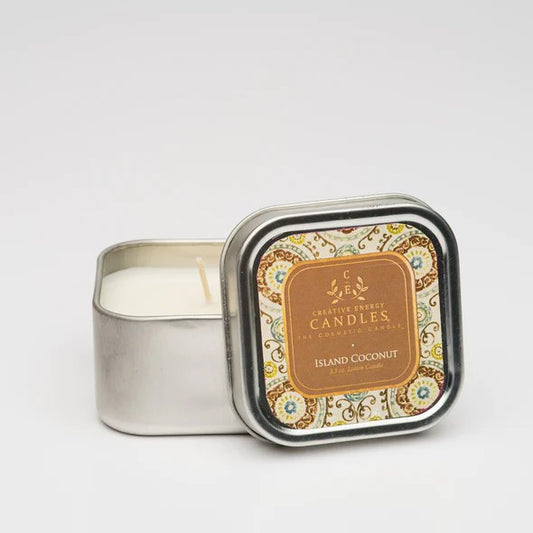 Square tin candle labeled "Island Coconut" with ornate design.