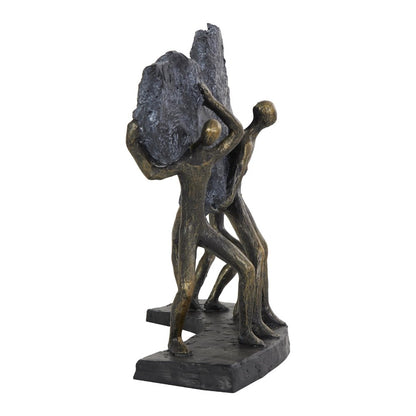 Bronze figures lifting large stone blocks together.