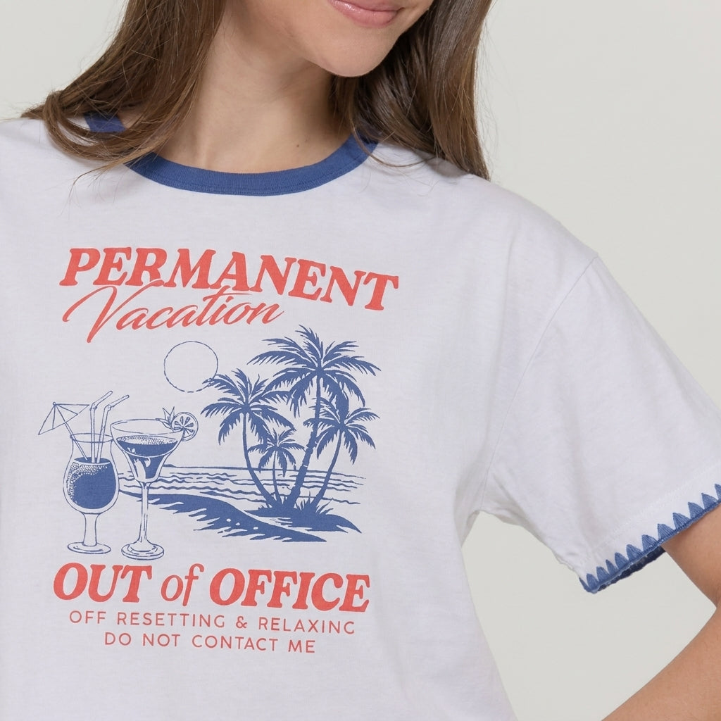 T-shirt with "Permanent Vacation" and beach scene design.