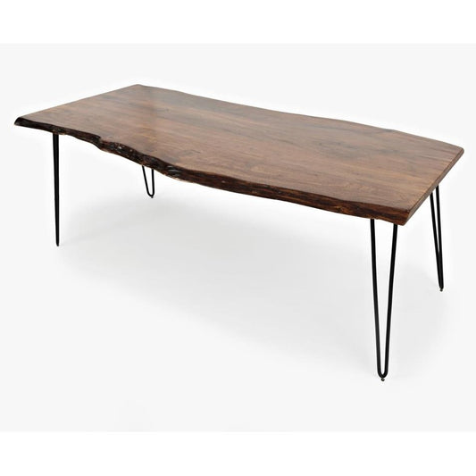 Wooden table with metal legs and natural edge design.