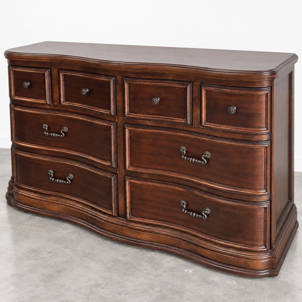 Elegant wood dresser with curved design and multiple drawers.