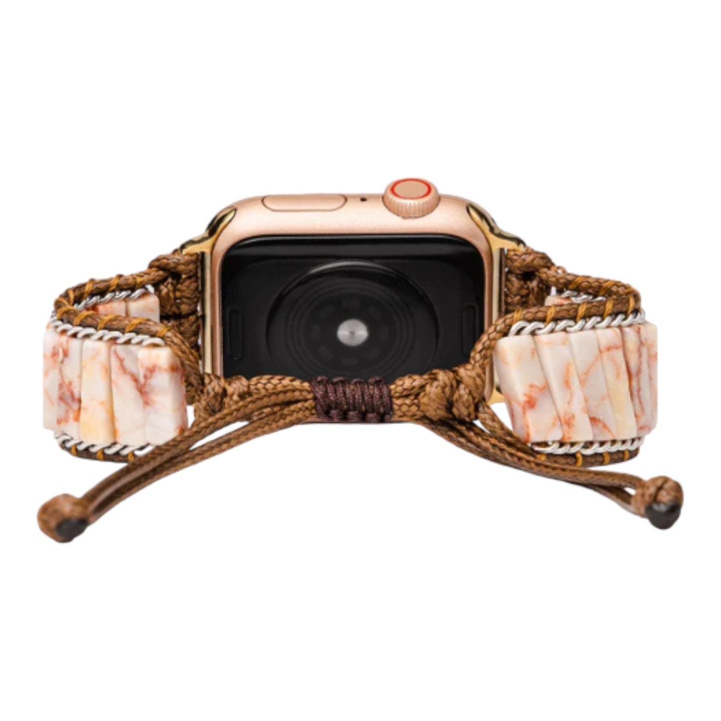 Smartwatch with a brown braided band and marble accents.