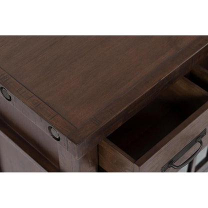 Dark wooden table with an open rectangular drawer.