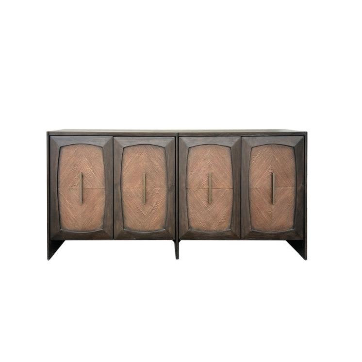 Wooden sideboard with geometric patterns and four doors.