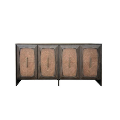Wooden sideboard with geometric patterns and four doors.