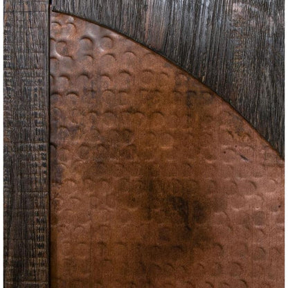 Textured brown and wood panel with curved design.