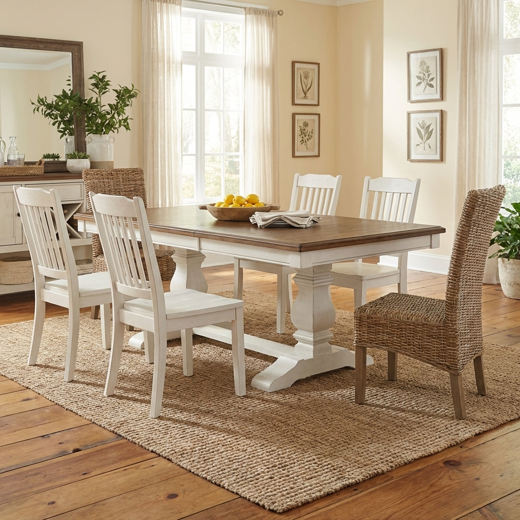 Wooden table with white legs and a brown top.