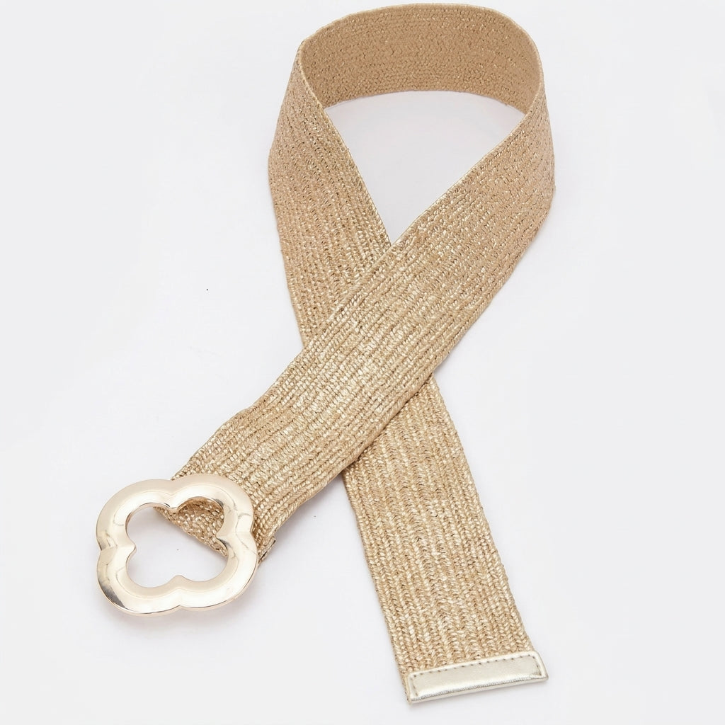 Beige woven belt with a clover buckle on a white background.