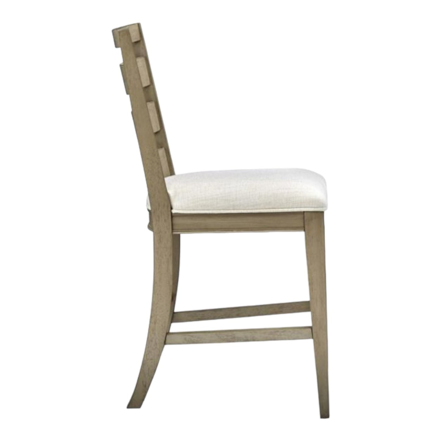 Wooden chair with a cushioned seat, side view.
