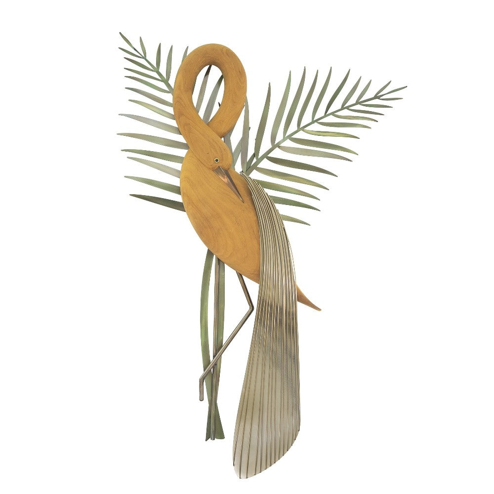 Elegant bird sculpture with palm leaves.