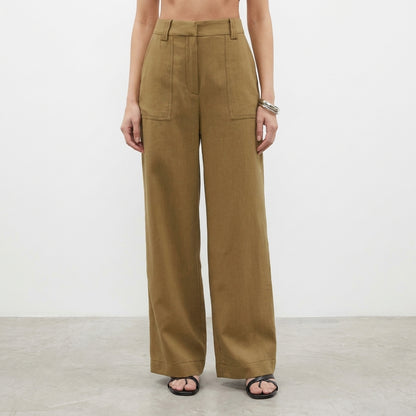 Person wearing wide-legged brown pants and black sandals.