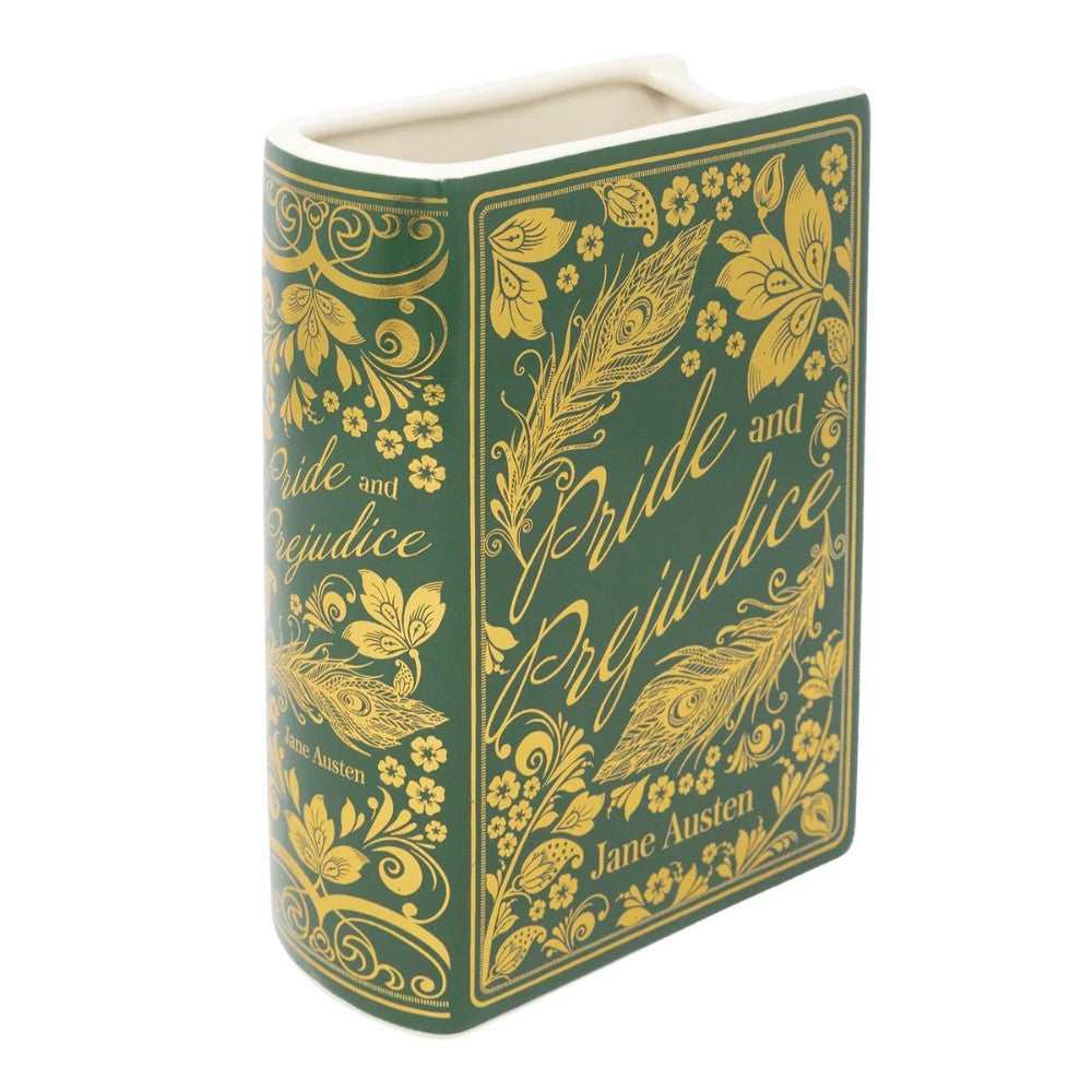 Green book vase with gold floral design, "Pride and Prejudice" by Jane Austen.