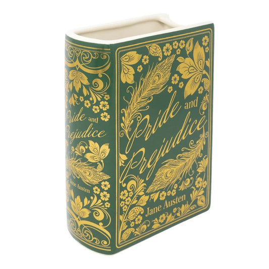 Green book vase with gold floral design, "Pride and Prejudice" by Jane Austen.