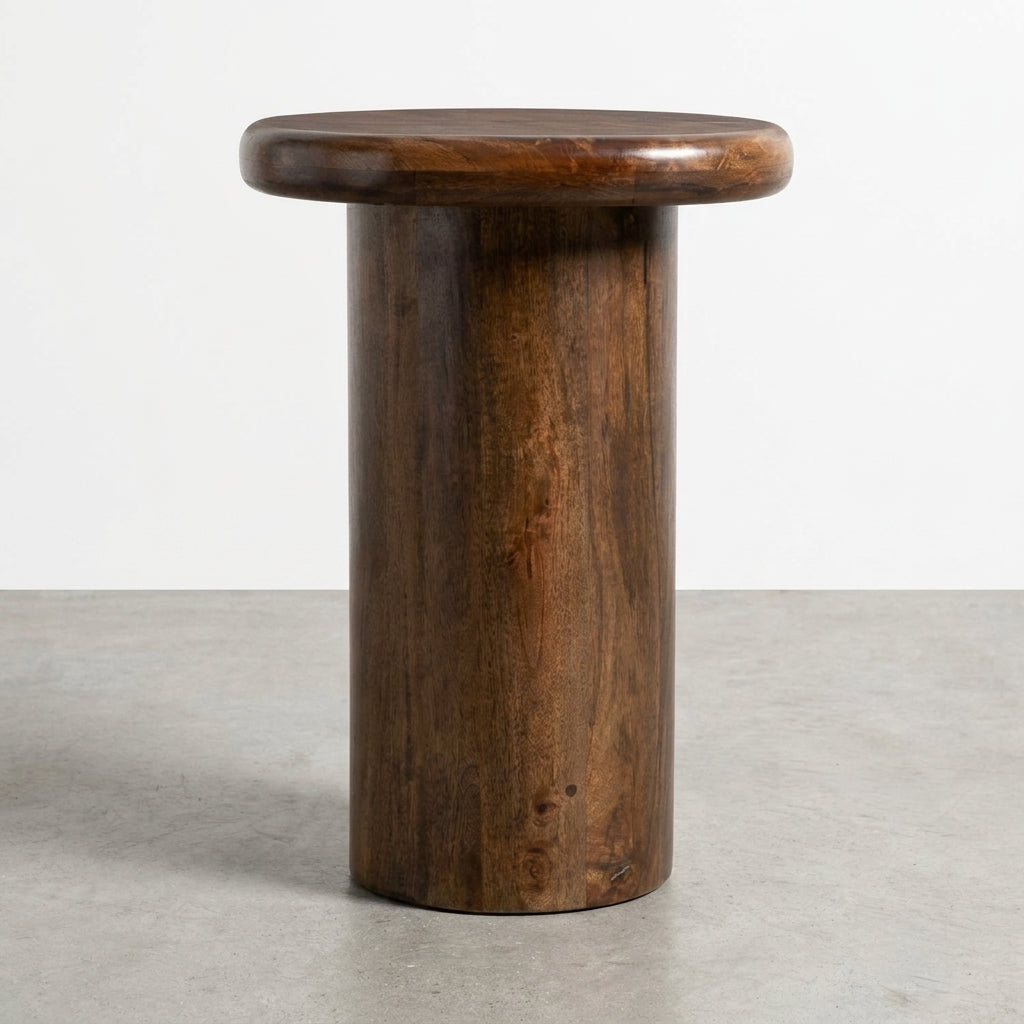 Round wooden side table with a smooth finish.