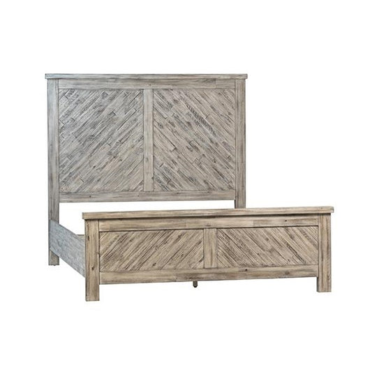 Rustic wooden bed frame with diagonal panel design.