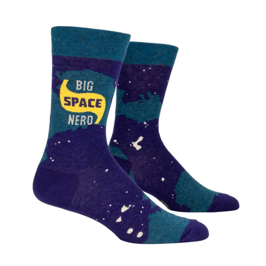 Navy socks with "Big Space Nerd" text and abstract space design.