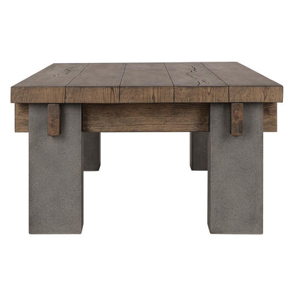 Rustic wood and concrete table with a sturdy design.