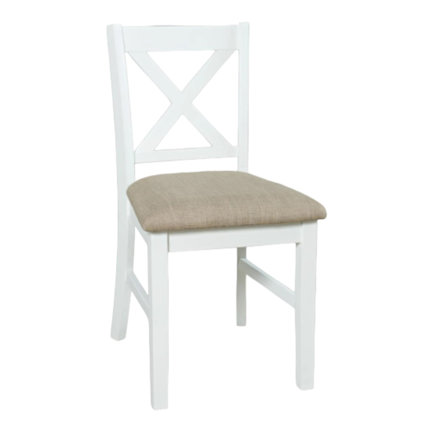 White wooden chair with beige cushioned seat.