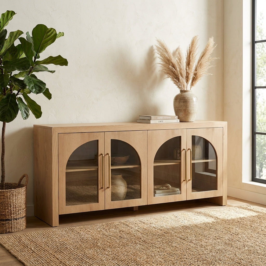 Wooden cabinet with four arched glass doors and sleek handles.