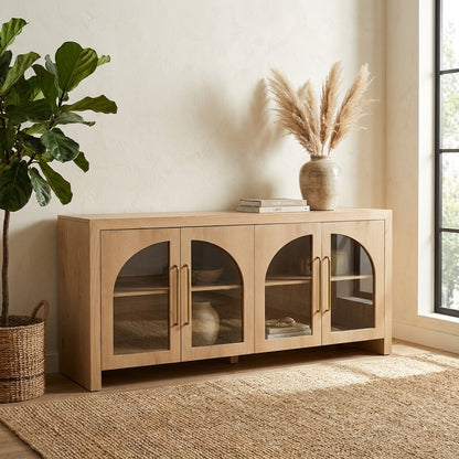 Wooden cabinet with four arched glass doors and sleek handles.