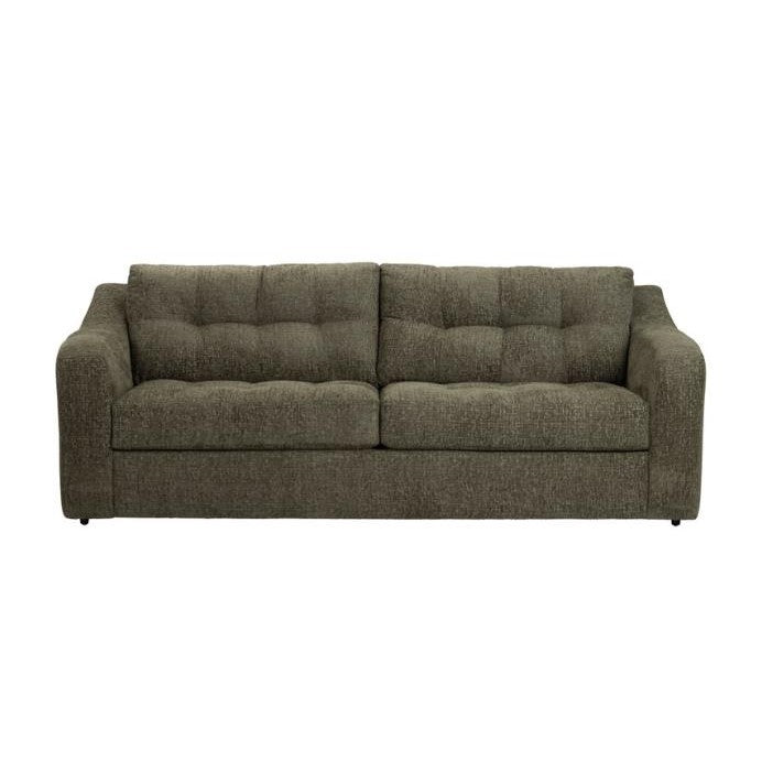 Dark gray tufted sofa with wide armrests.