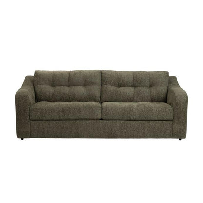 Dark gray tufted sofa with wide armrests.