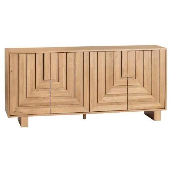 Wooden sideboard with geometric door design.