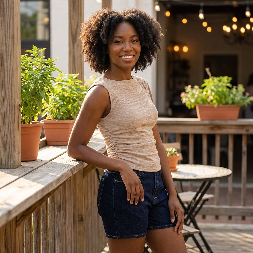 Smiling woman on a patio with potted plants and string lights.