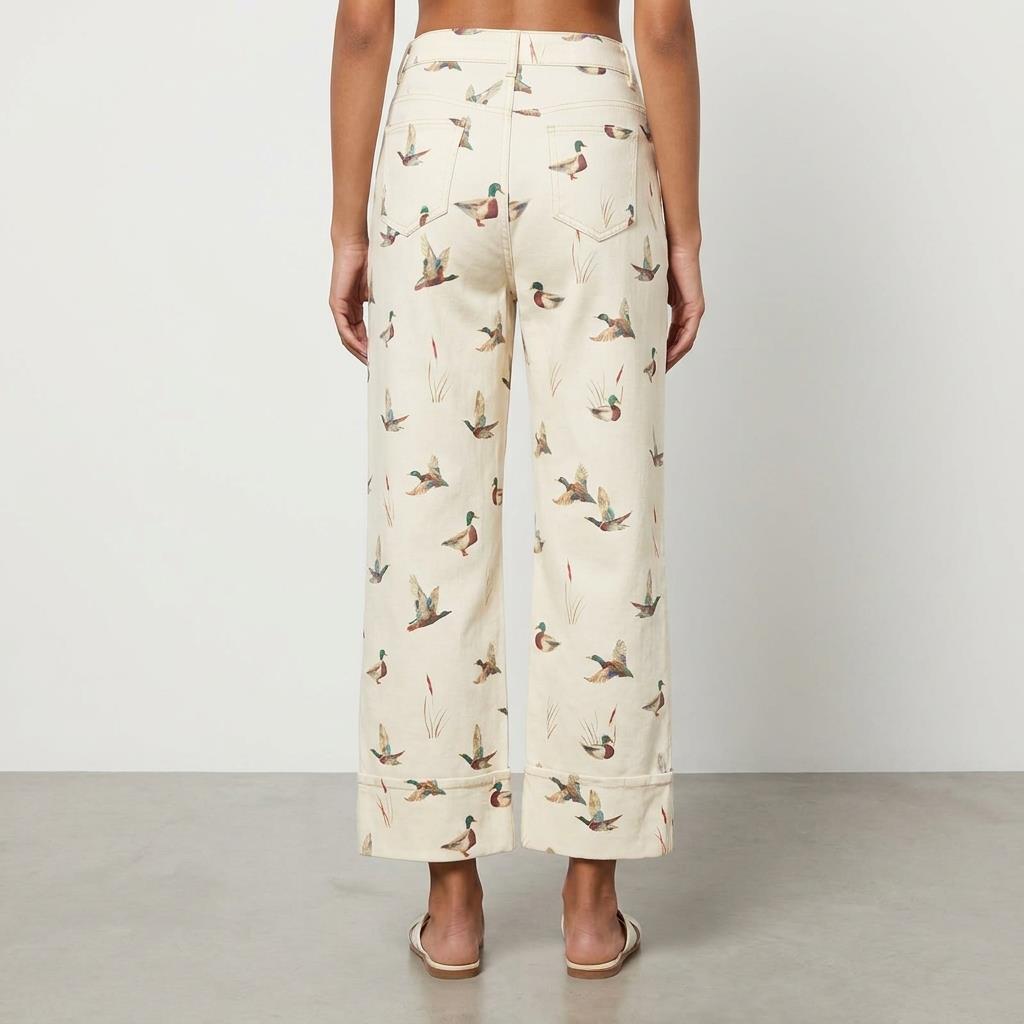 Wide-leg trousers with a duck pattern, viewed from the back.