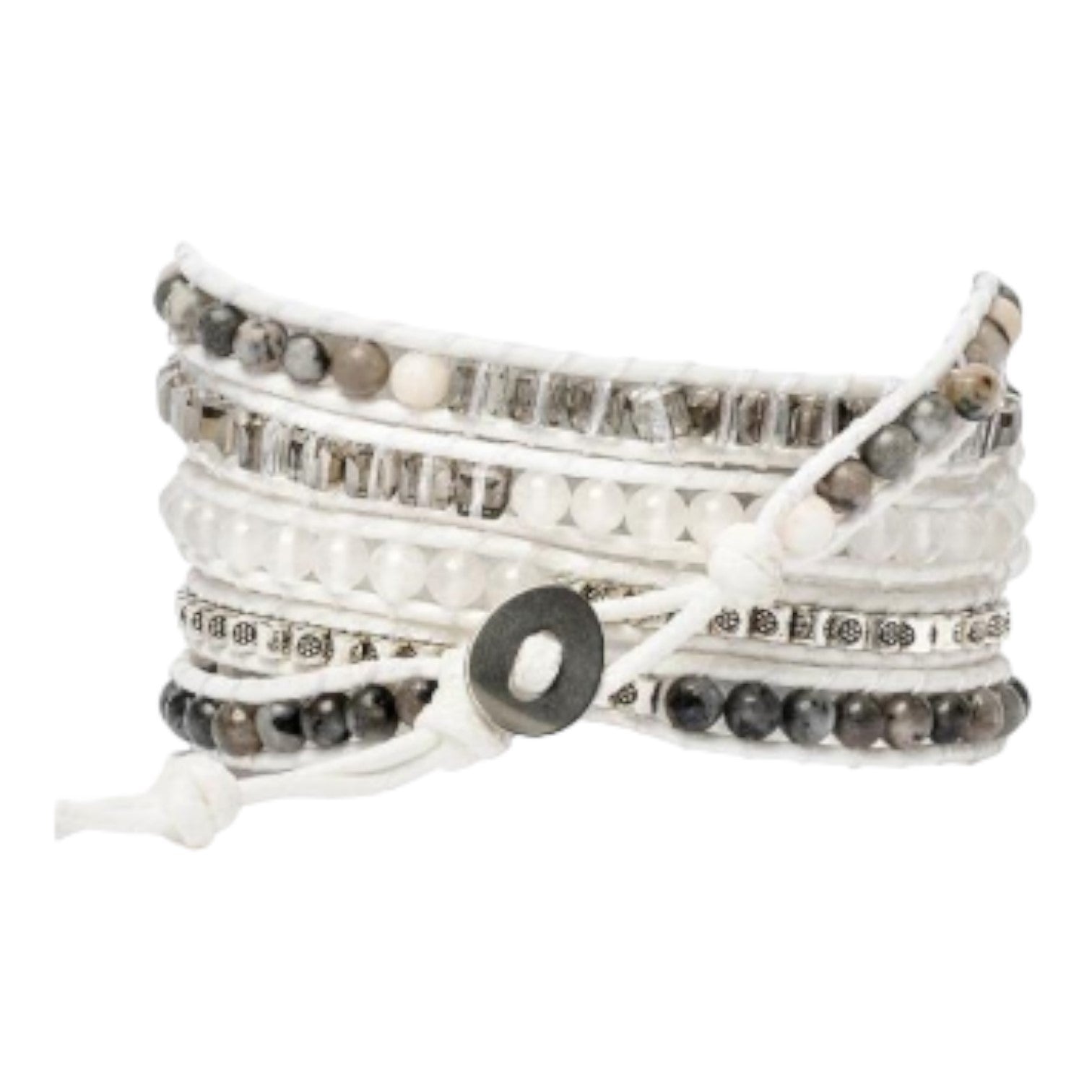 Wrap bracelet with mixed beads and white cord, featuring a button clasp.
