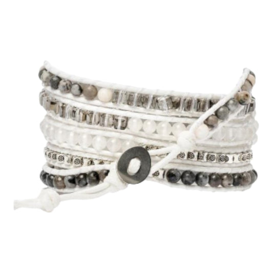 Wrap bracelet with mixed beads and white cord, featuring a button clasp.