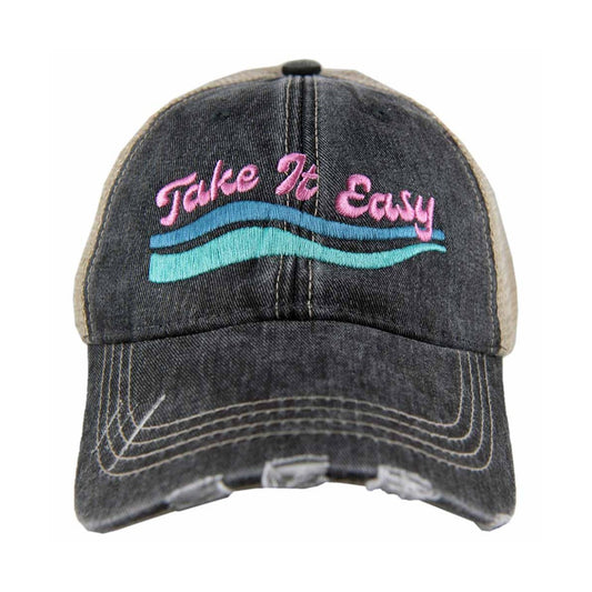Gray cap with "Take It Easy" in pink embroidery.