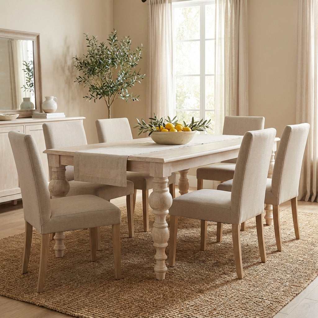 Elegant wooden table with turned legs, light finish.