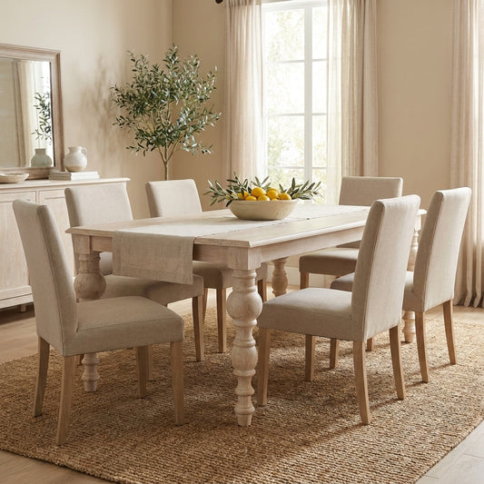 Elegant wooden table with turned legs, light finish.