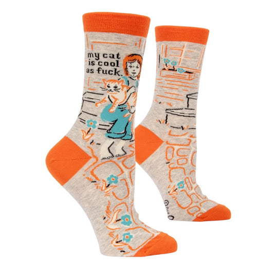 Colorful socks with a cat design and cheeky text.