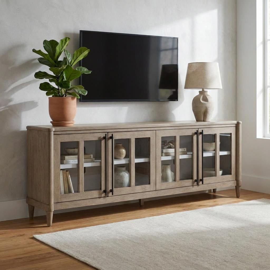 Wooden cabinet with a plant, lamp, and wall-mounted TV in a bright room.