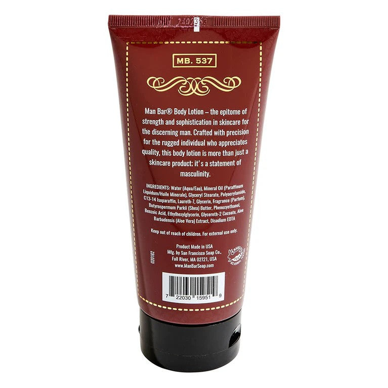 Red tube of Man Bar® Body Lotion with product details and ingredients.