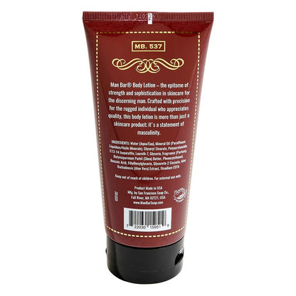 Red tube of Man Bar® Body Lotion with product details and ingredients.