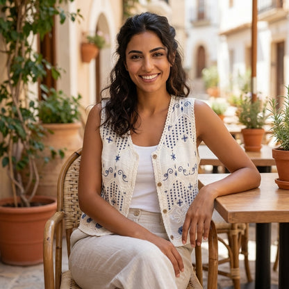 Smiling woman seated in a sunny patio with plants.
