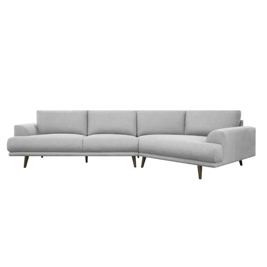 Gray L-shaped sofa with wooden legs.