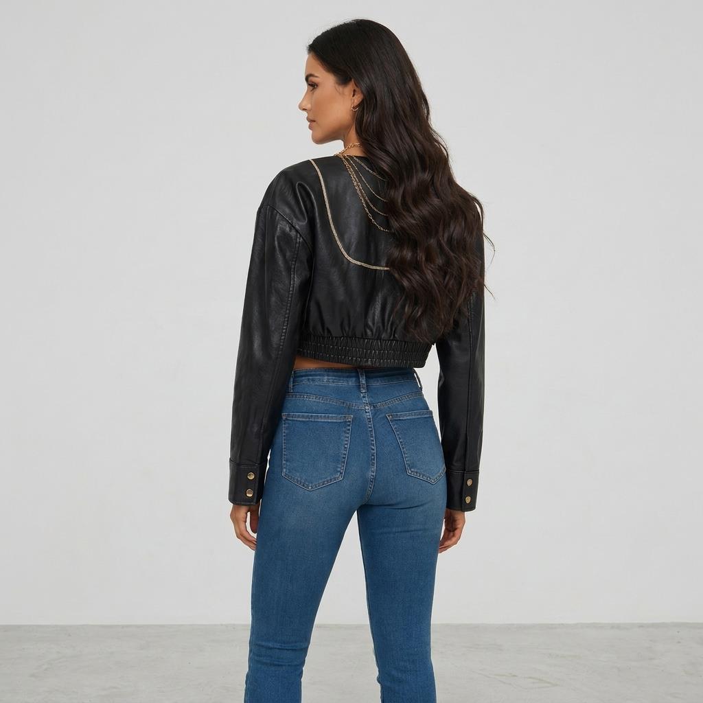 A woman models a cropped black leather jacket with gold detailing and blue jeans.